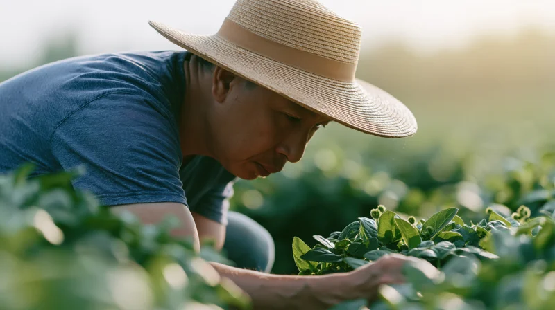 Farmer inspecting crops in a field wearing a straw hat and blue tshirt