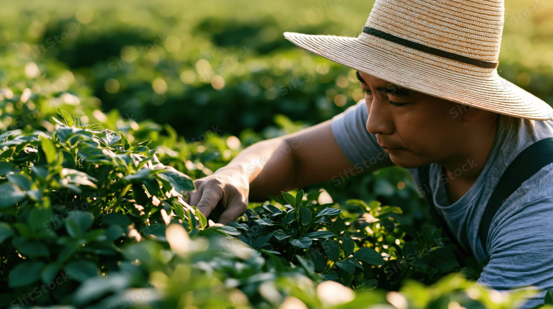 Man in straw hat inspecting tea leaves in a sunlit field