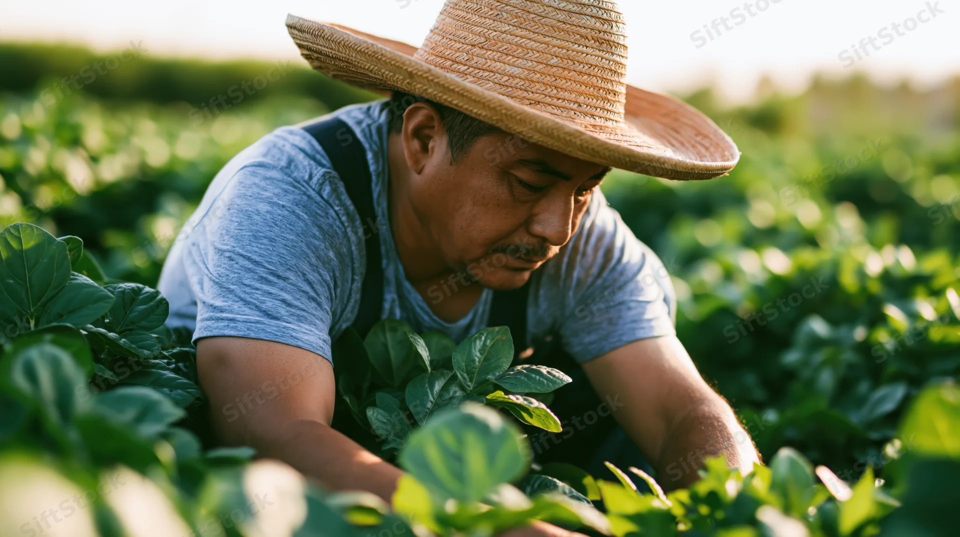 Hispanic farmer inspecting crops in a green field during daylight