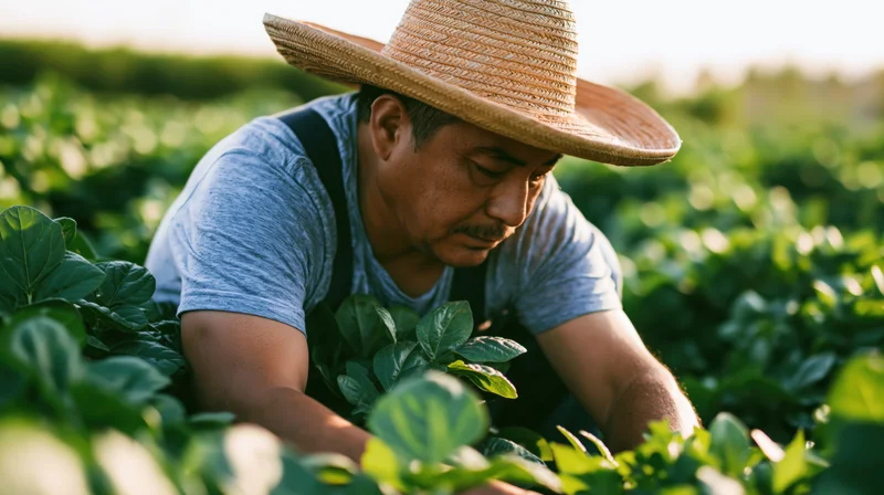Hispanic farmer inspecting crops in a green field during daylight