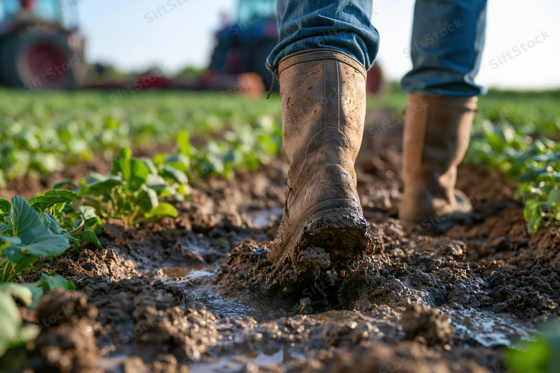 Farmer's boot sinking into muddy soil in a cultivated field with tractor in background