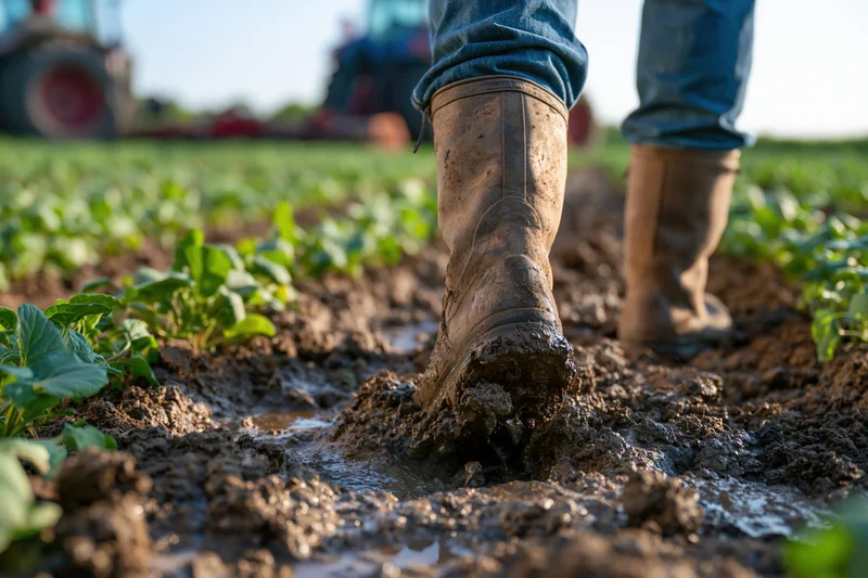Farmer's boot sinking into muddy soil in a cultivated field with tractor in background