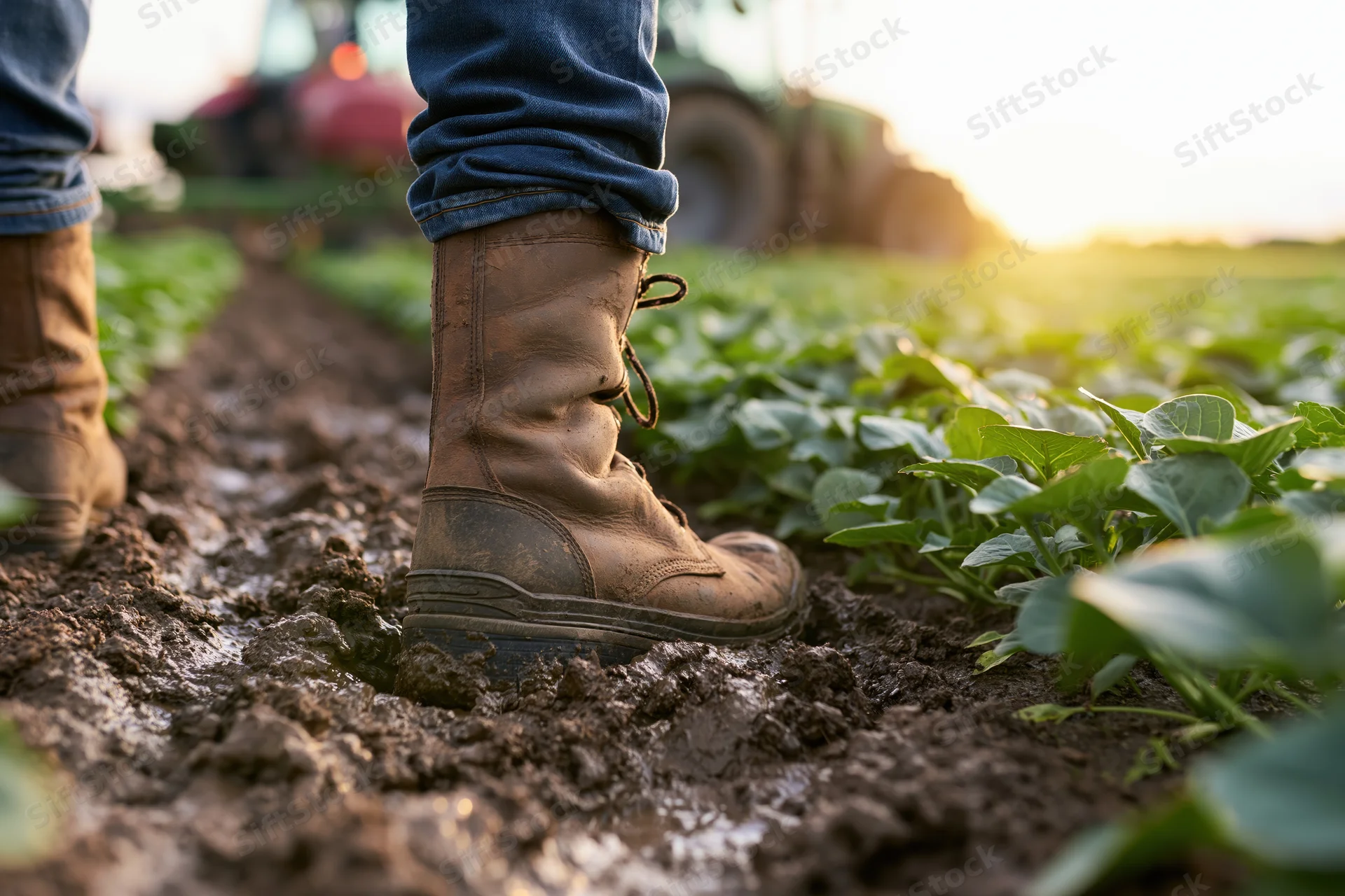 Farmer's boot sinking into muddy soil in a crop field at sunset