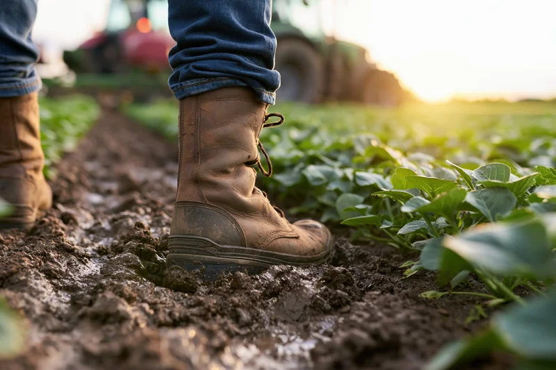 Farmer's boot sinking into muddy soil in a crop field at sunset