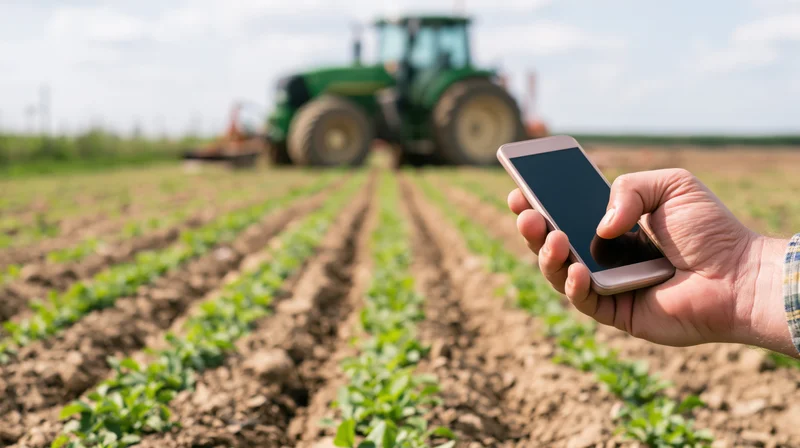 Farmer's hand holding smartphone over rows of young crops in field with tractor in background