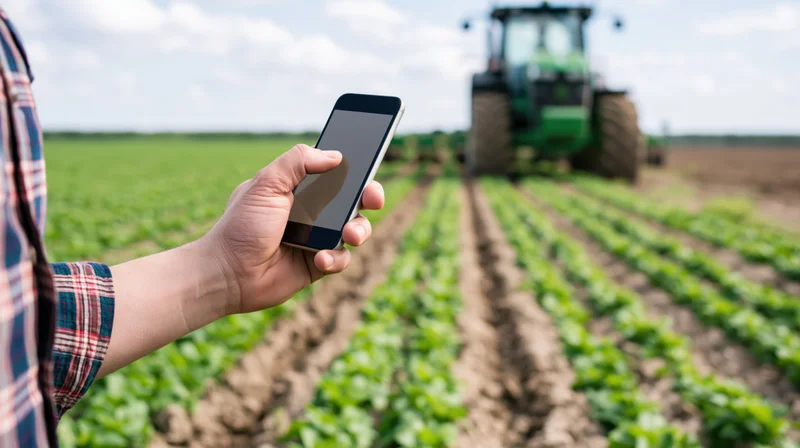 Farmer holding smartphone in a crop field with tractor in background