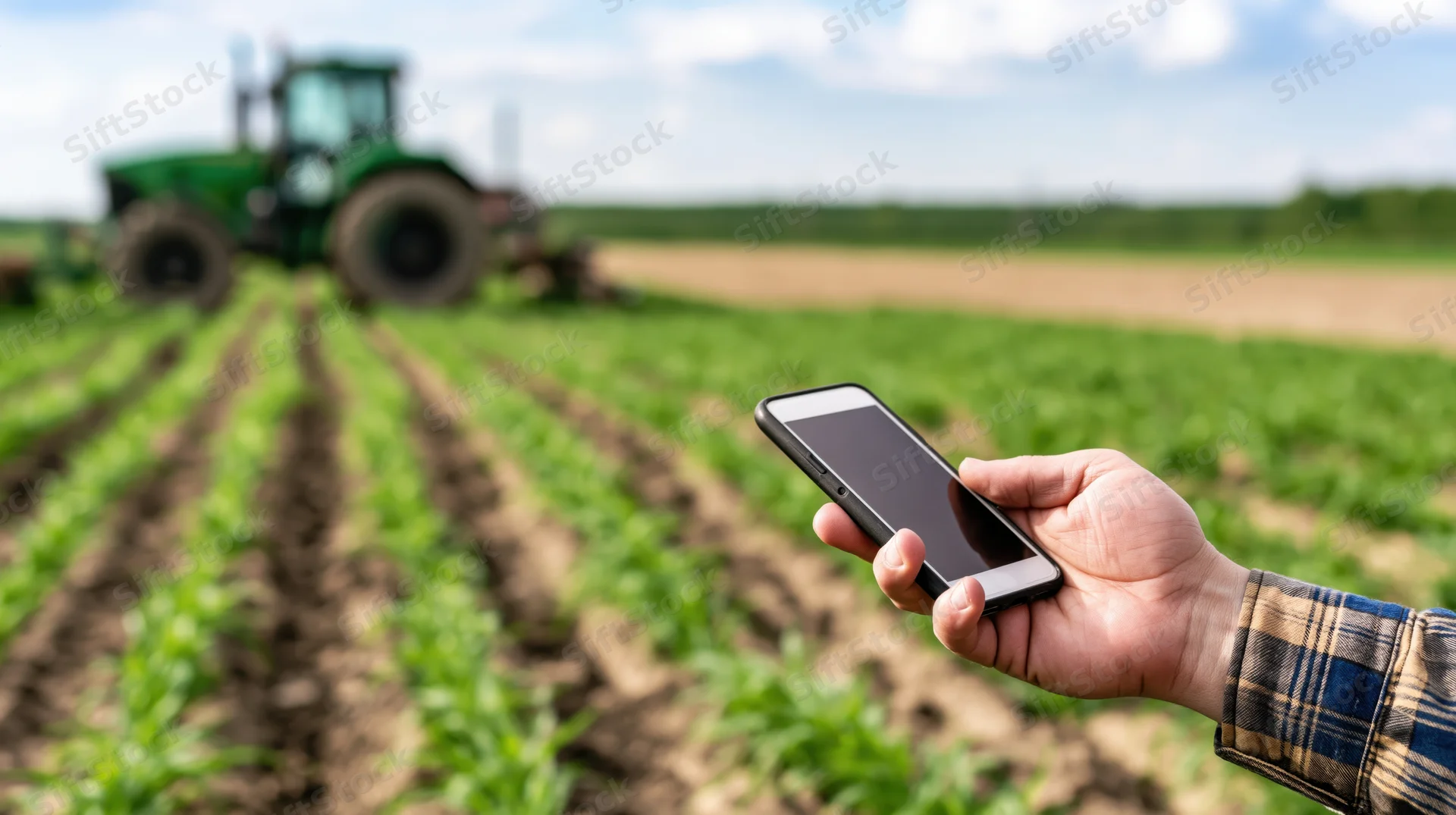 Farmer's hand holding smartphone over a green crop field with tractor in background