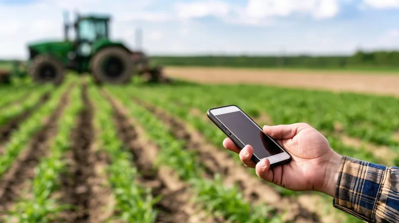 Farmer's hand holding smartphone over a green crop field with tractor in background