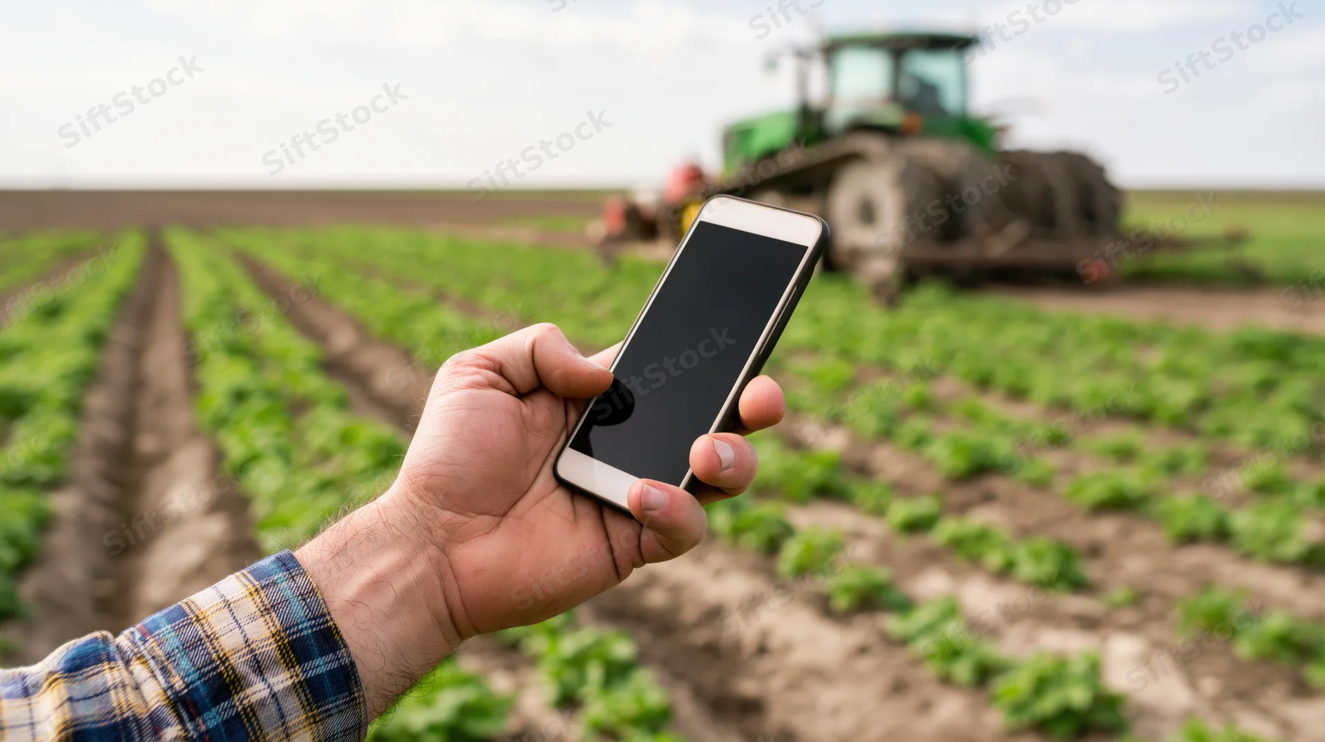 Farmer's hand holding smartphone over crop field with tractor in background