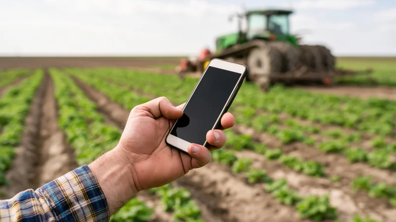 Farmer's hand holding smartphone over crop field with tractor in background