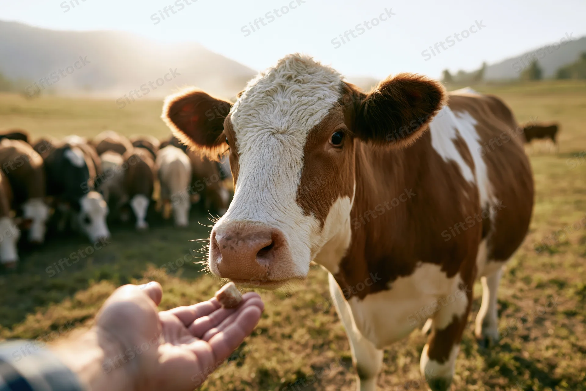 A cow approaching a farmer's hand holding feed in a sunlit pasture