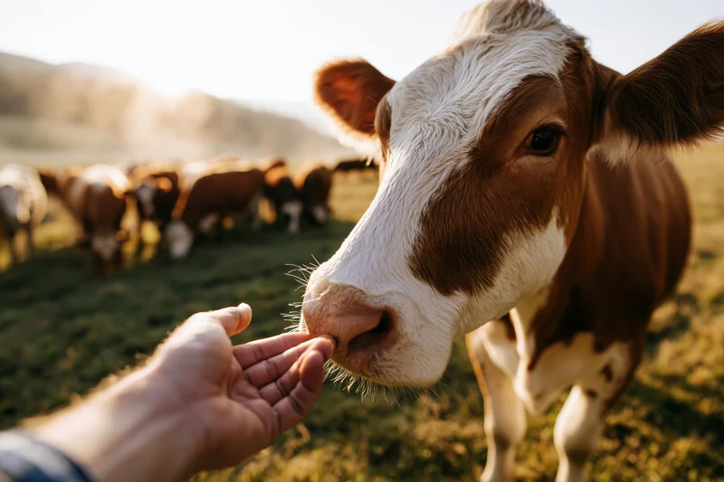 Farmer's hand feeding a cow in a pasture with herd in background