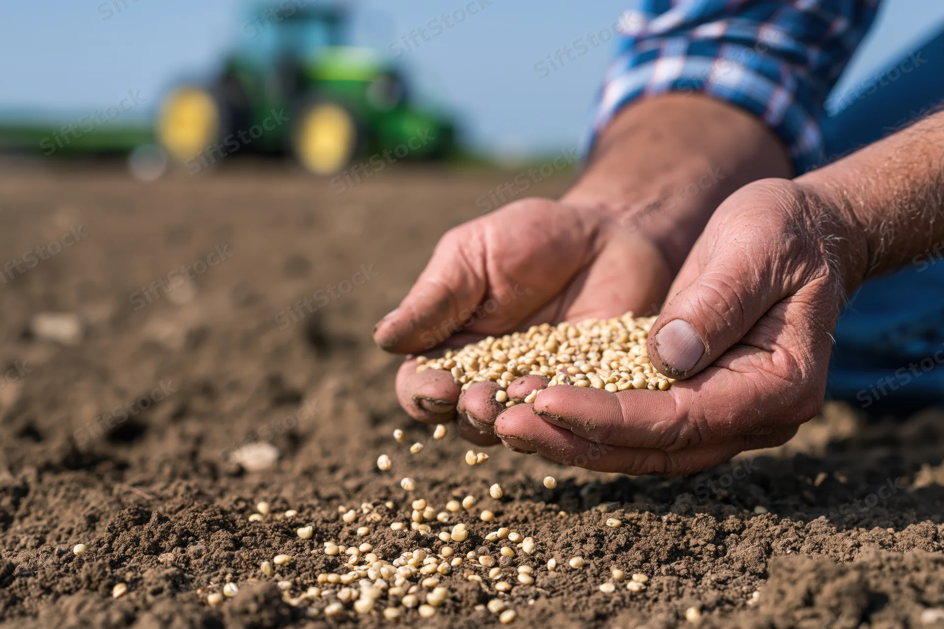 Farmer's weathered hands holding seeds over tilled soil with tractor in background