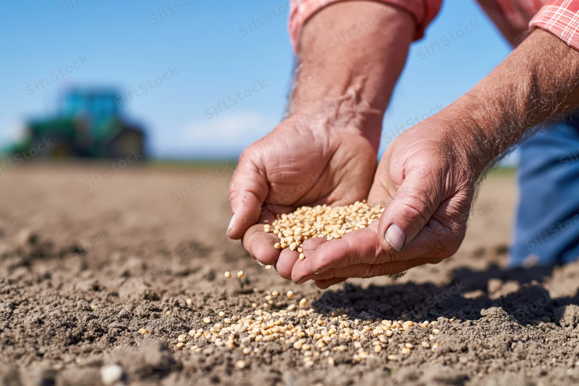 Farmer's hands holding seeds over tilled soil with tractor in background