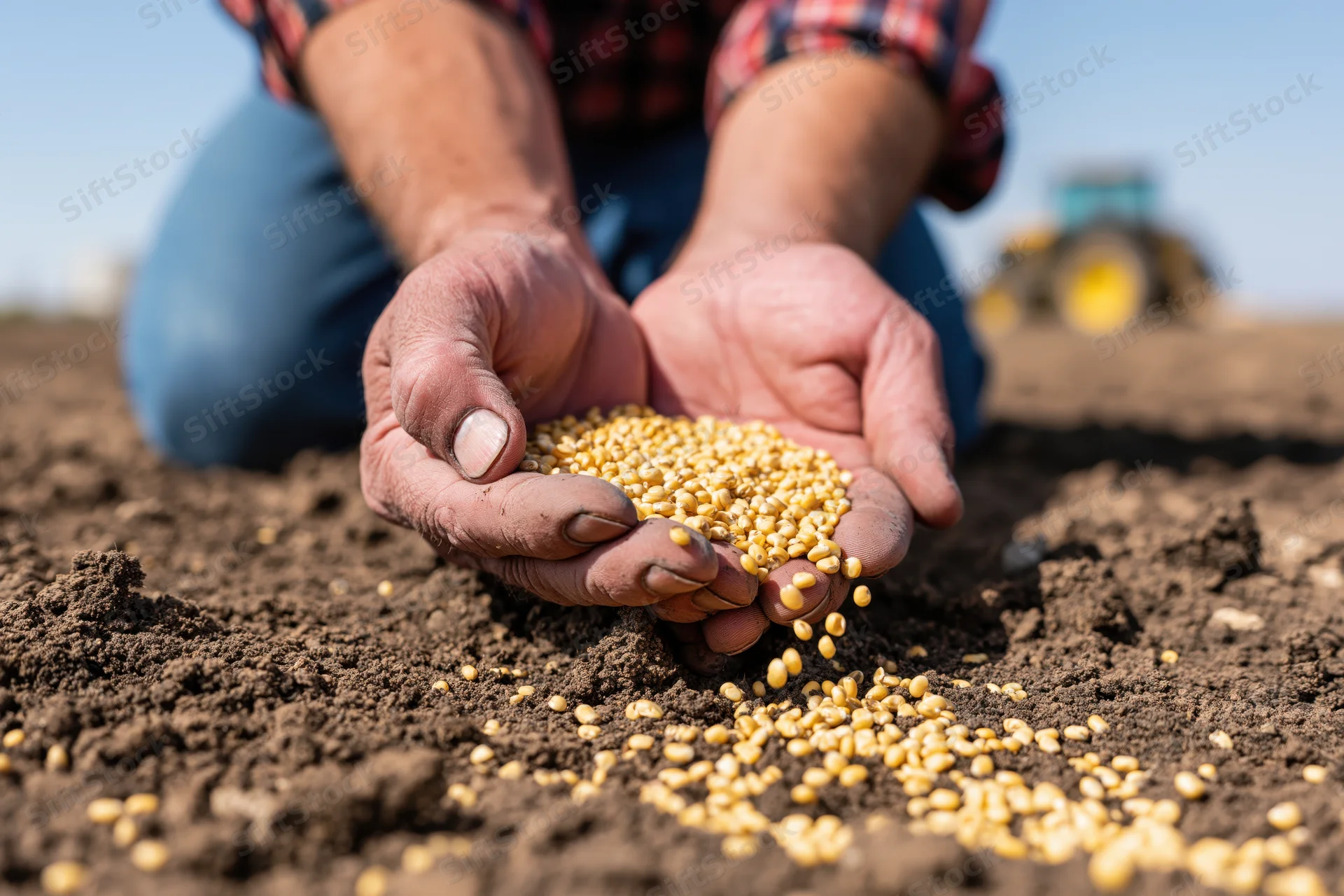 Farmer holding seeds in cupped hands over tilled soil in field