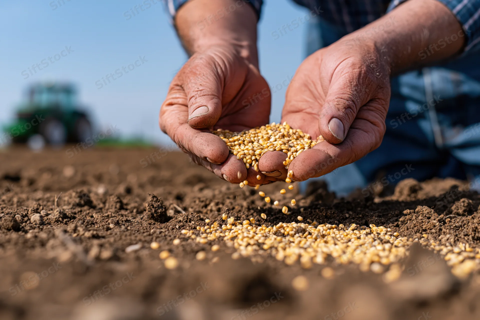 Farmer's weathered hands holding and sowing seeds over tilled soil in a field with a tractor in the background