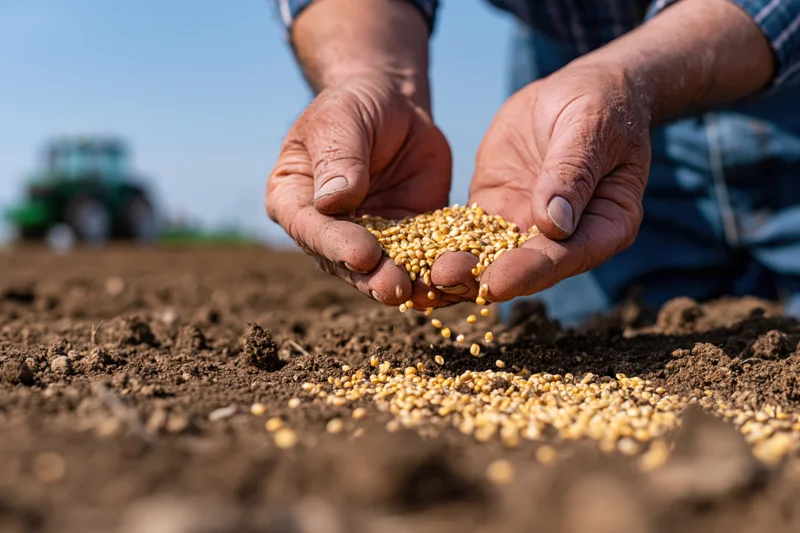 Farmer's weathered hands holding and sowing seeds over tilled soil in a field with a tractor in the background