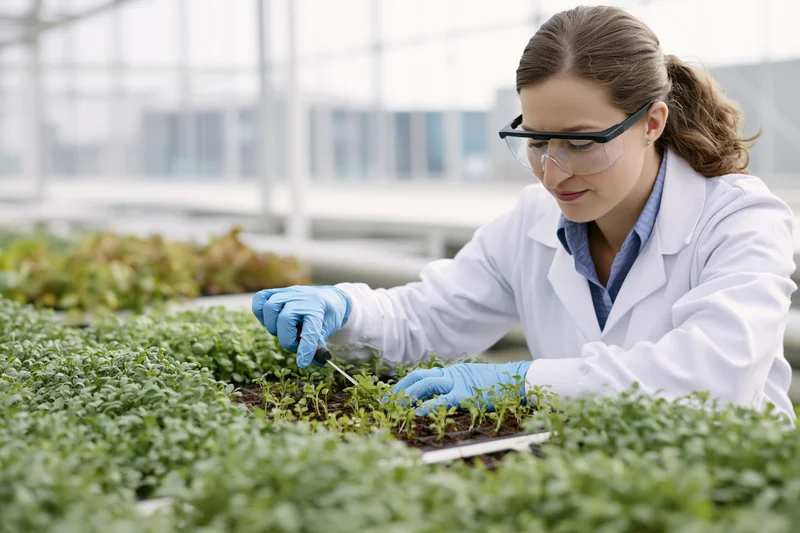 Female scientist examining seedlings in a greenhouse tray wearing labcoat and safety glasses