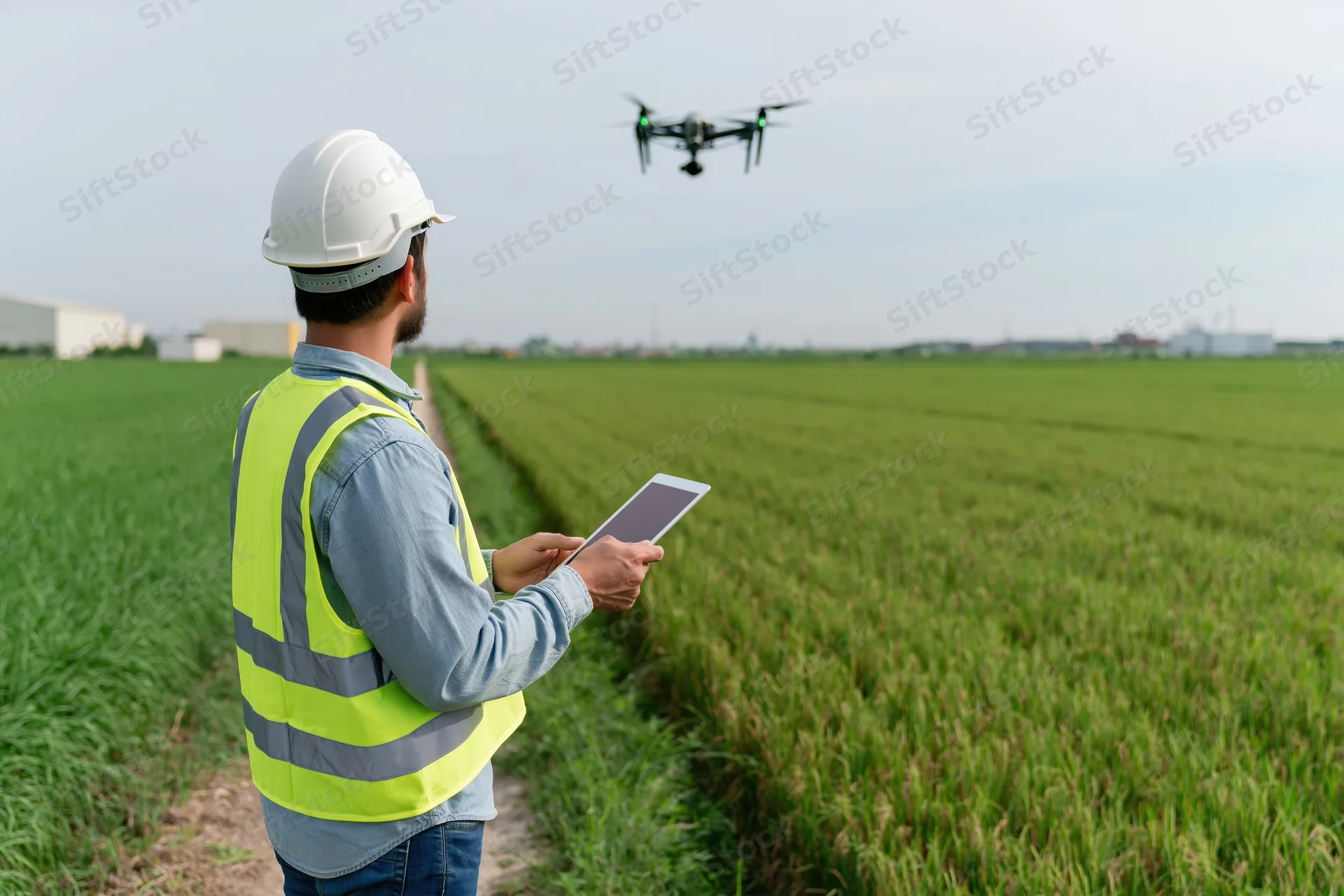 Technician operating drone with tablet in a green crop field