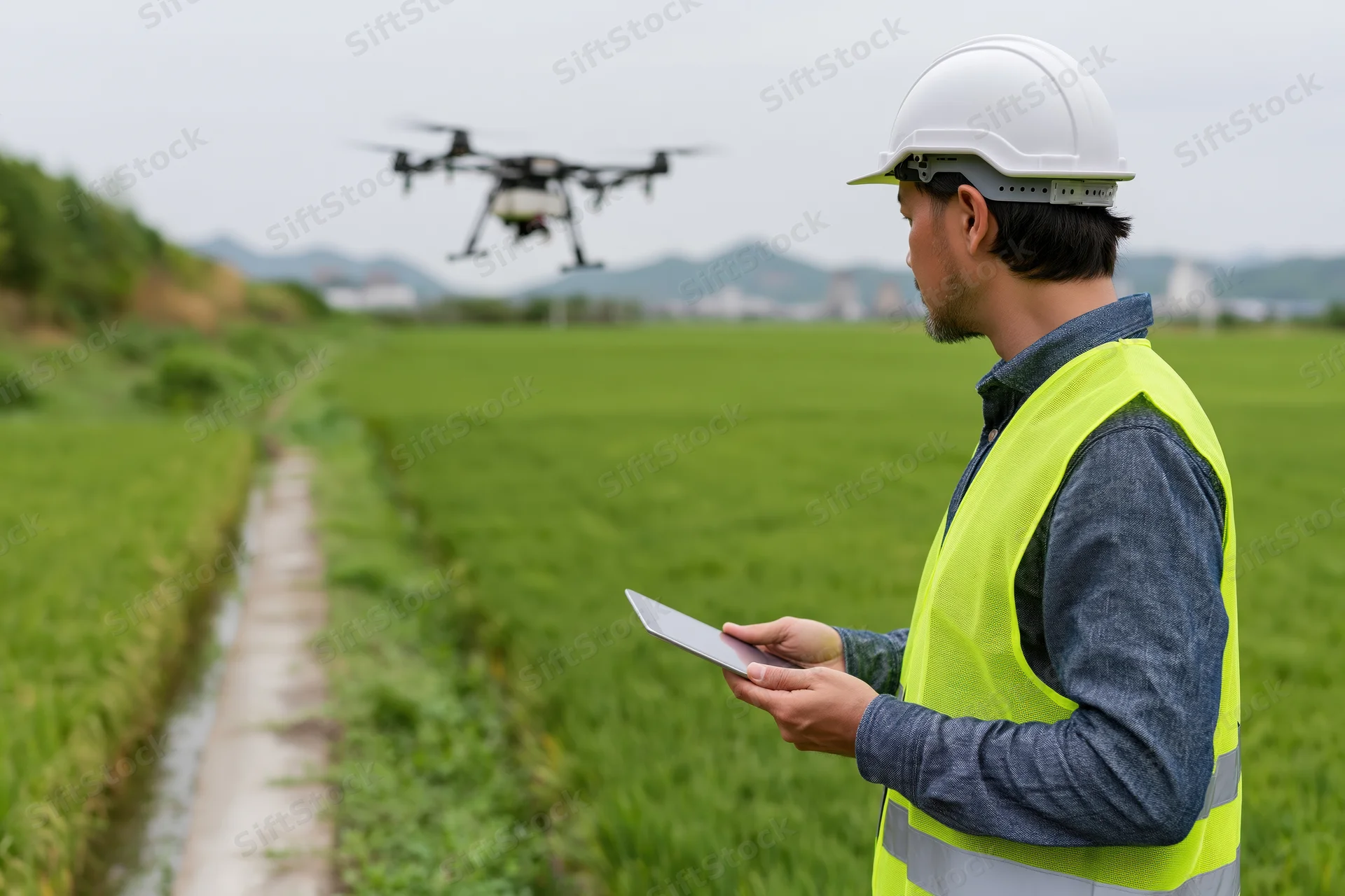 Male technician in safety vest operating drone with tablet over green field