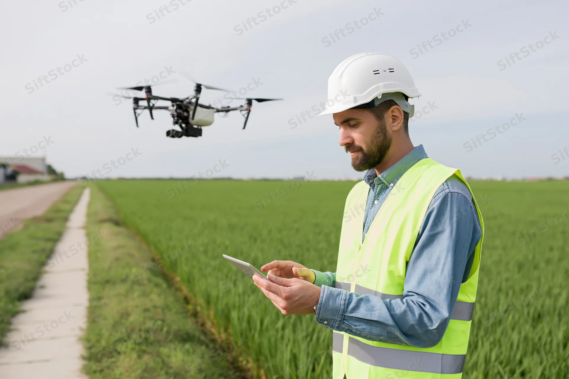 Technician using tablet to control drone over crop field