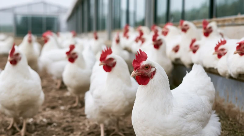 White chickens standing in a farm enclosure with a barn in the background