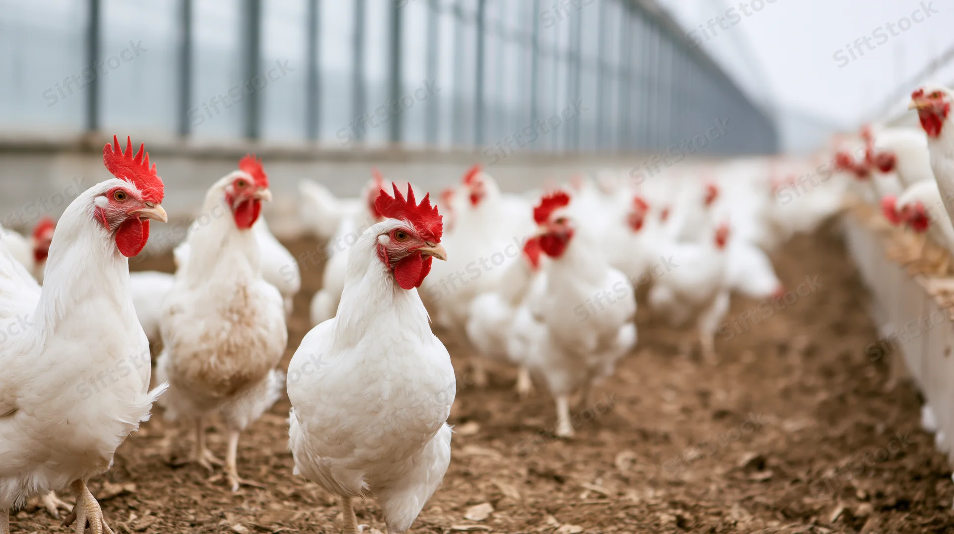 White chickens standing in a dirt enclosure inside a farm barn