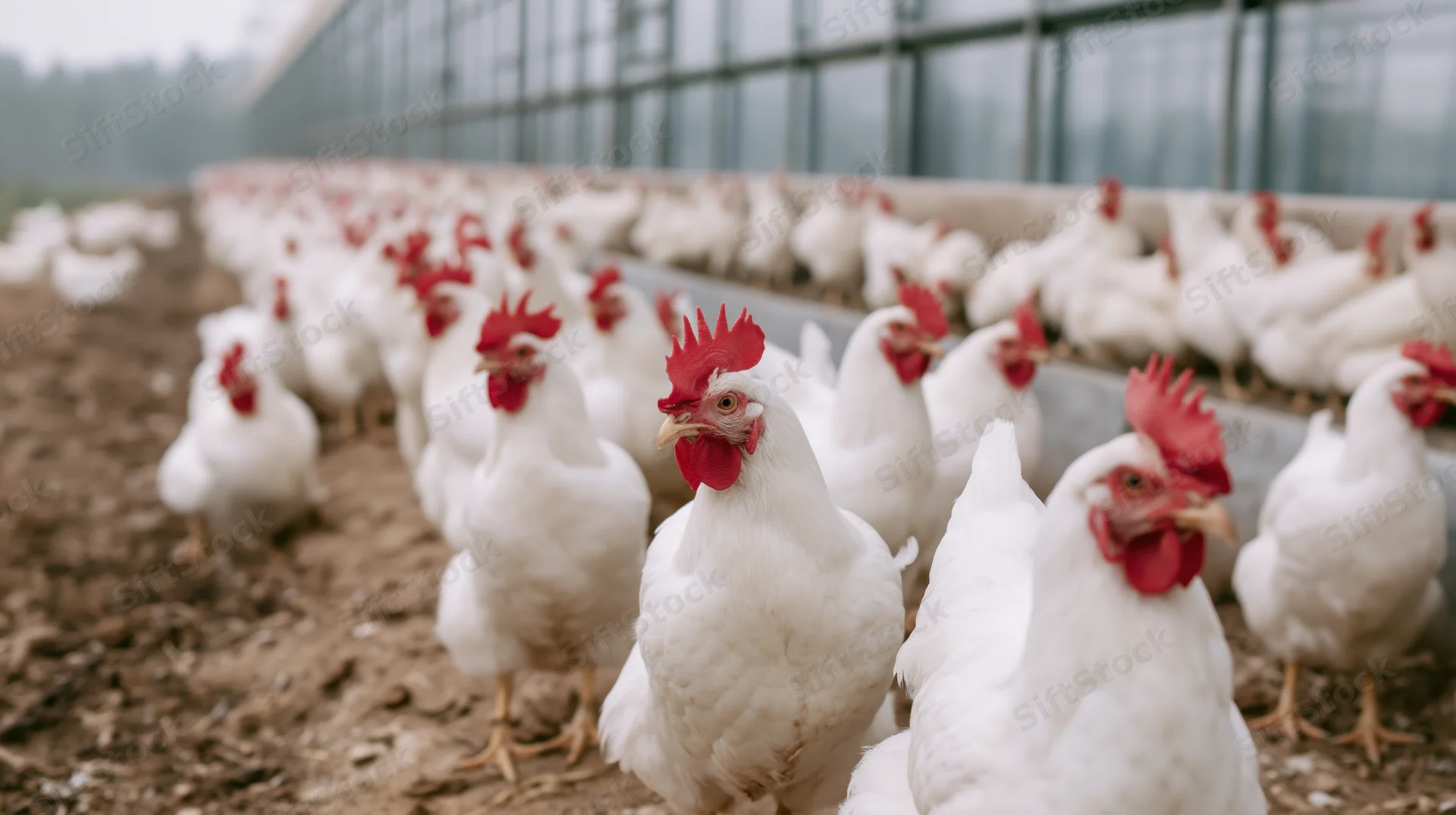 White chickens standing in a row on dirt ground inside a farm enclosure