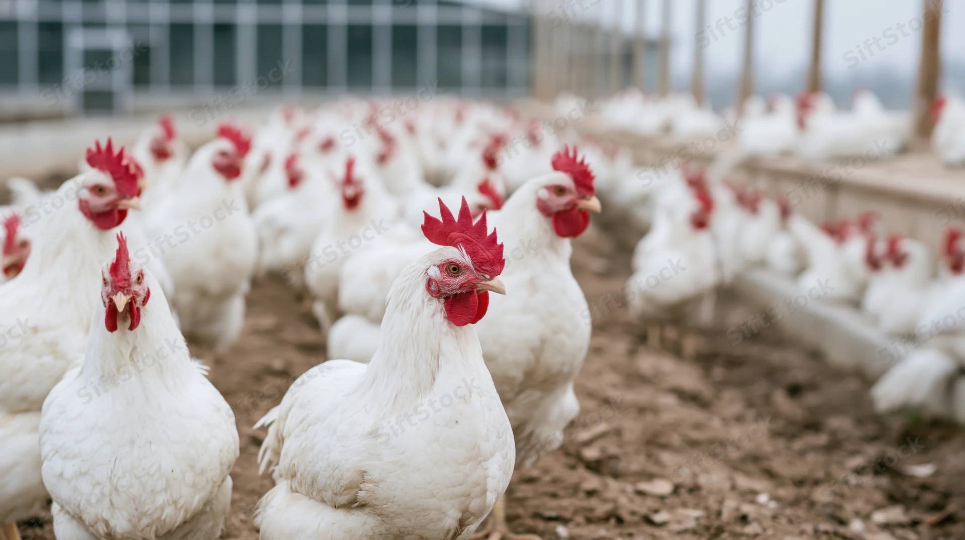 White chickens standing in a dirt enclosure near a barn structure