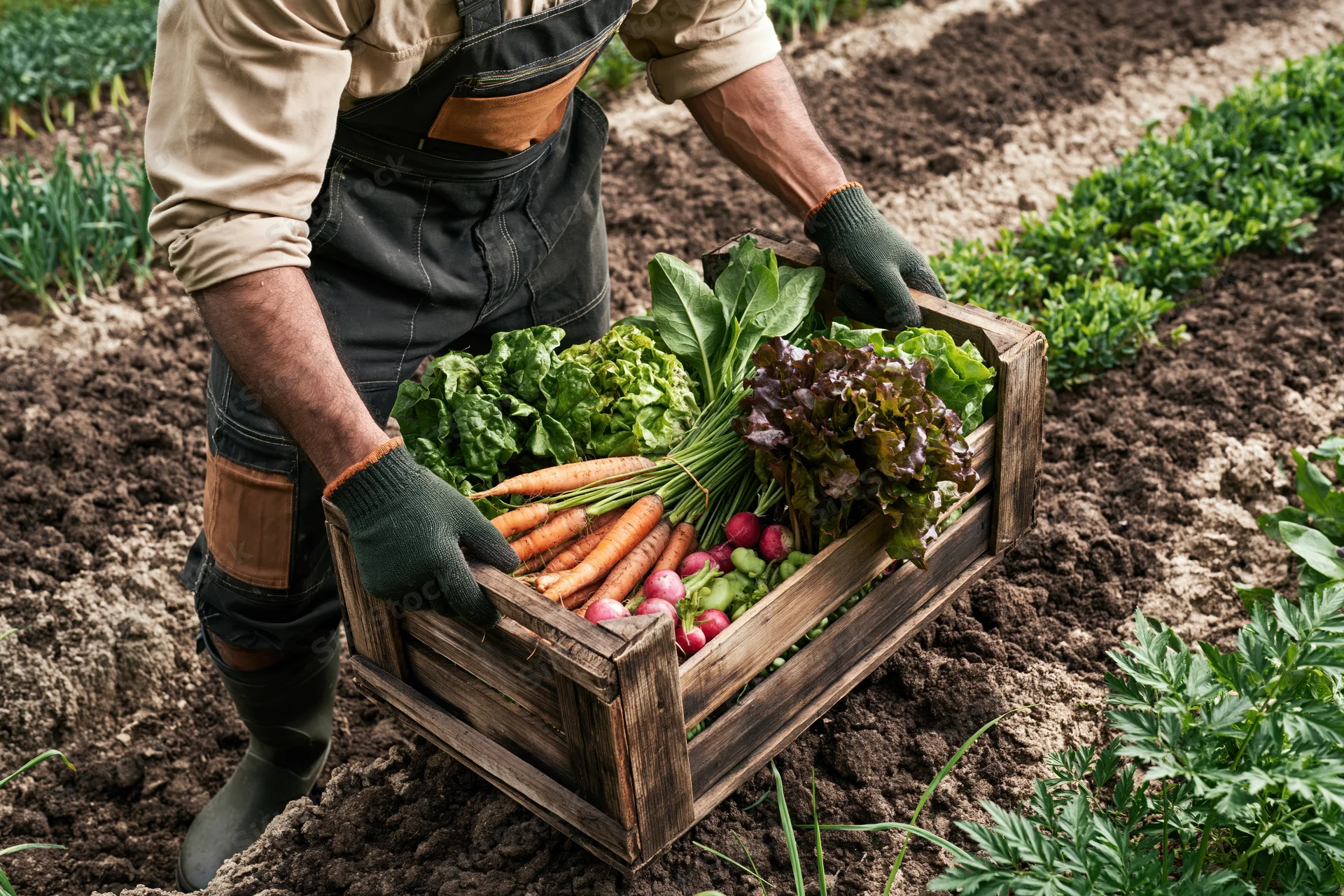 Farmer carrying wooden crate filled with fresh vegetables in garden