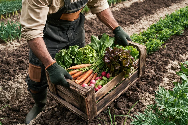 Farmer carrying wooden crate filled with fresh vegetables in garden