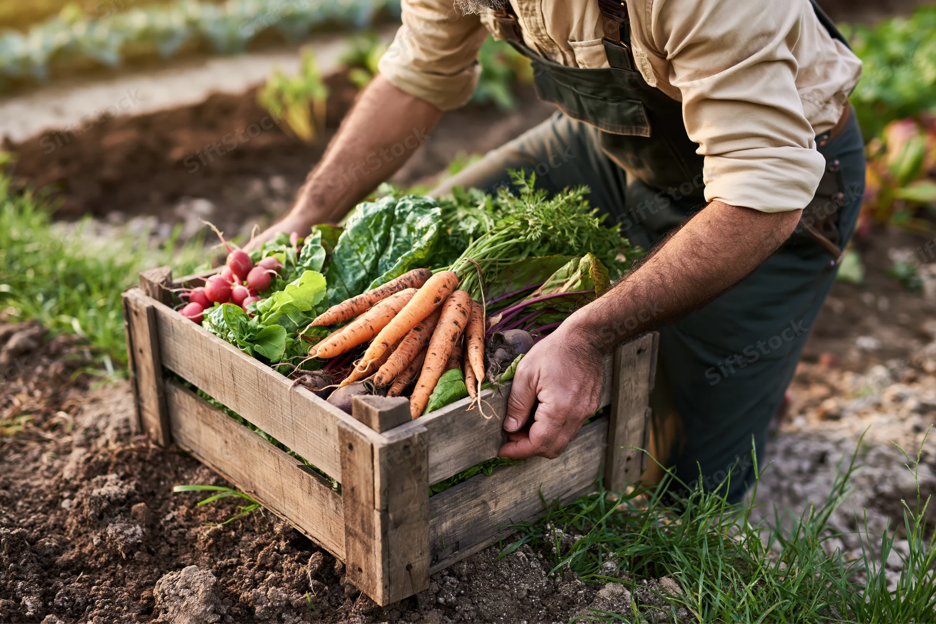 Farmer placing freshly harvested vegetables into a wooden crate in a garden