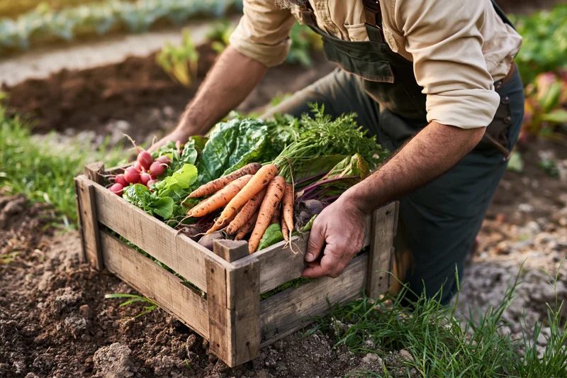 Farmer placing freshly harvested vegetables into a wooden crate in a garden