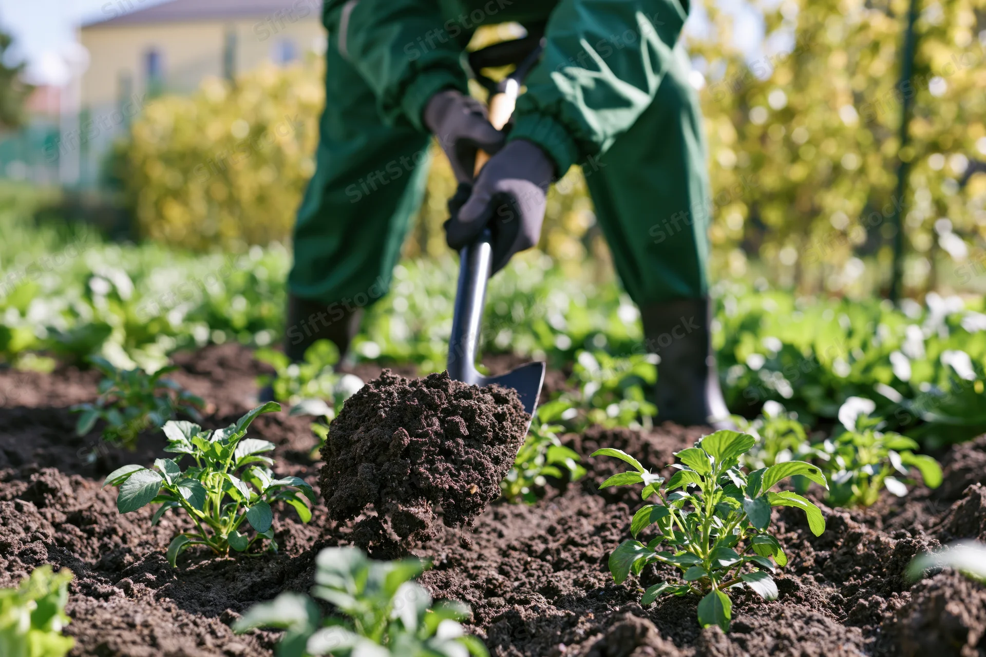 Gardener digging soil with shovel in vegetable garden