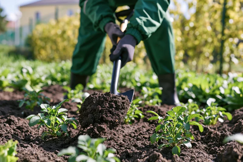 Gardener digging soil with shovel in vegetable garden