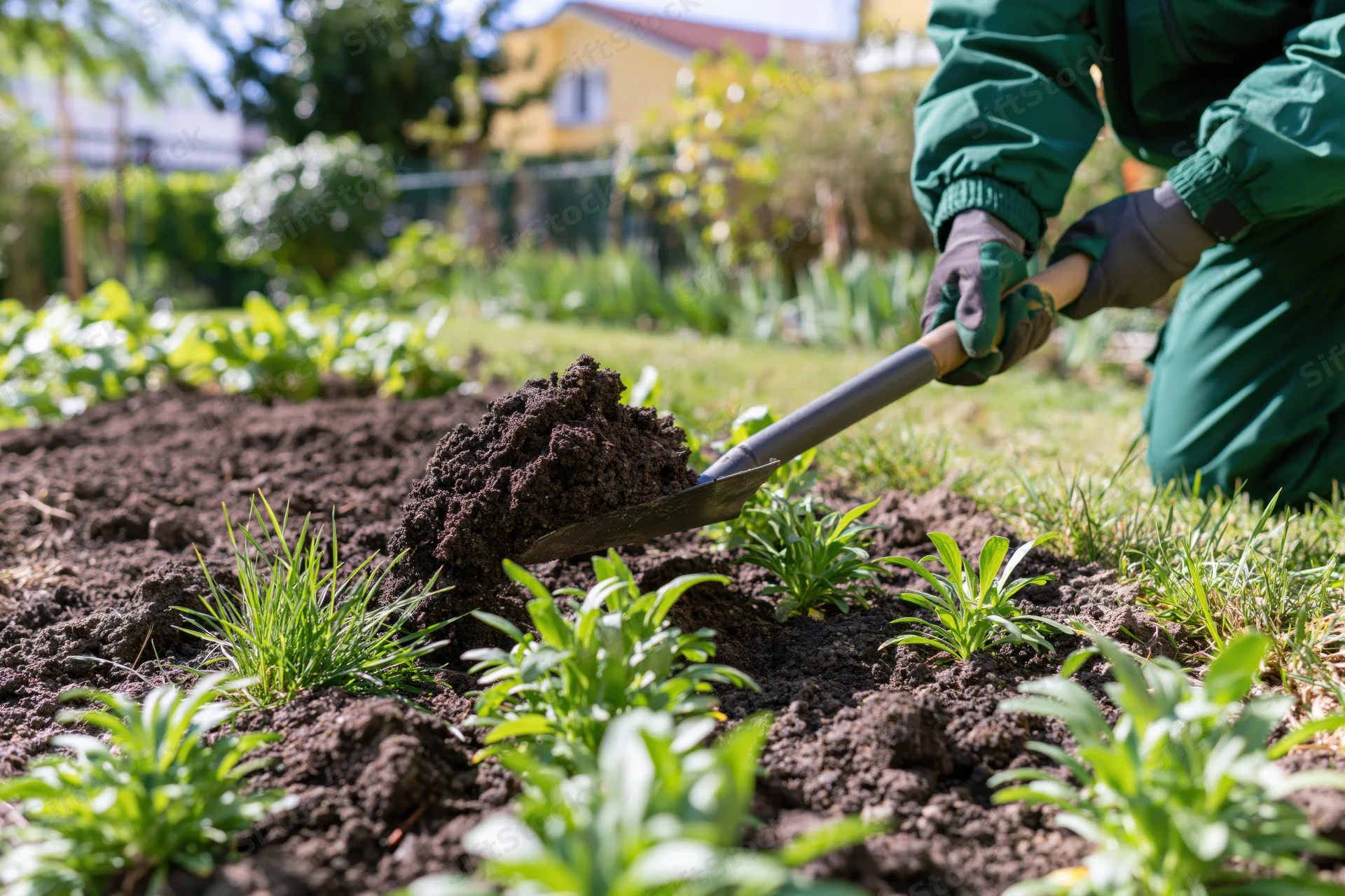 Gardener digging soil with shovel in vegetable garden