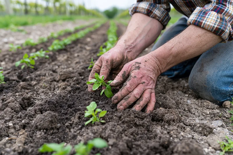 Farmer planting seedlings in tilled soil rows outdoors