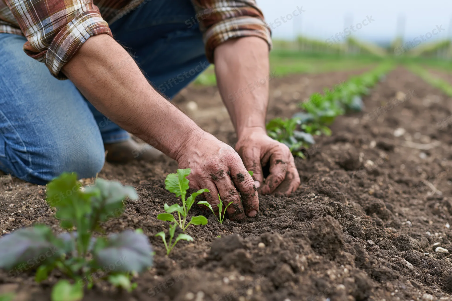 Farmer planting seedlings in tilled soil in a field