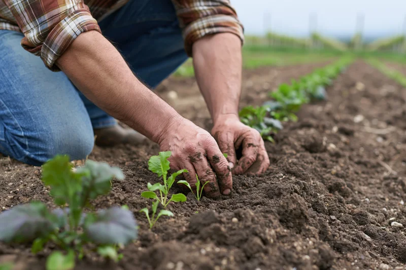 Farmer planting seedlings in tilled soil in a field