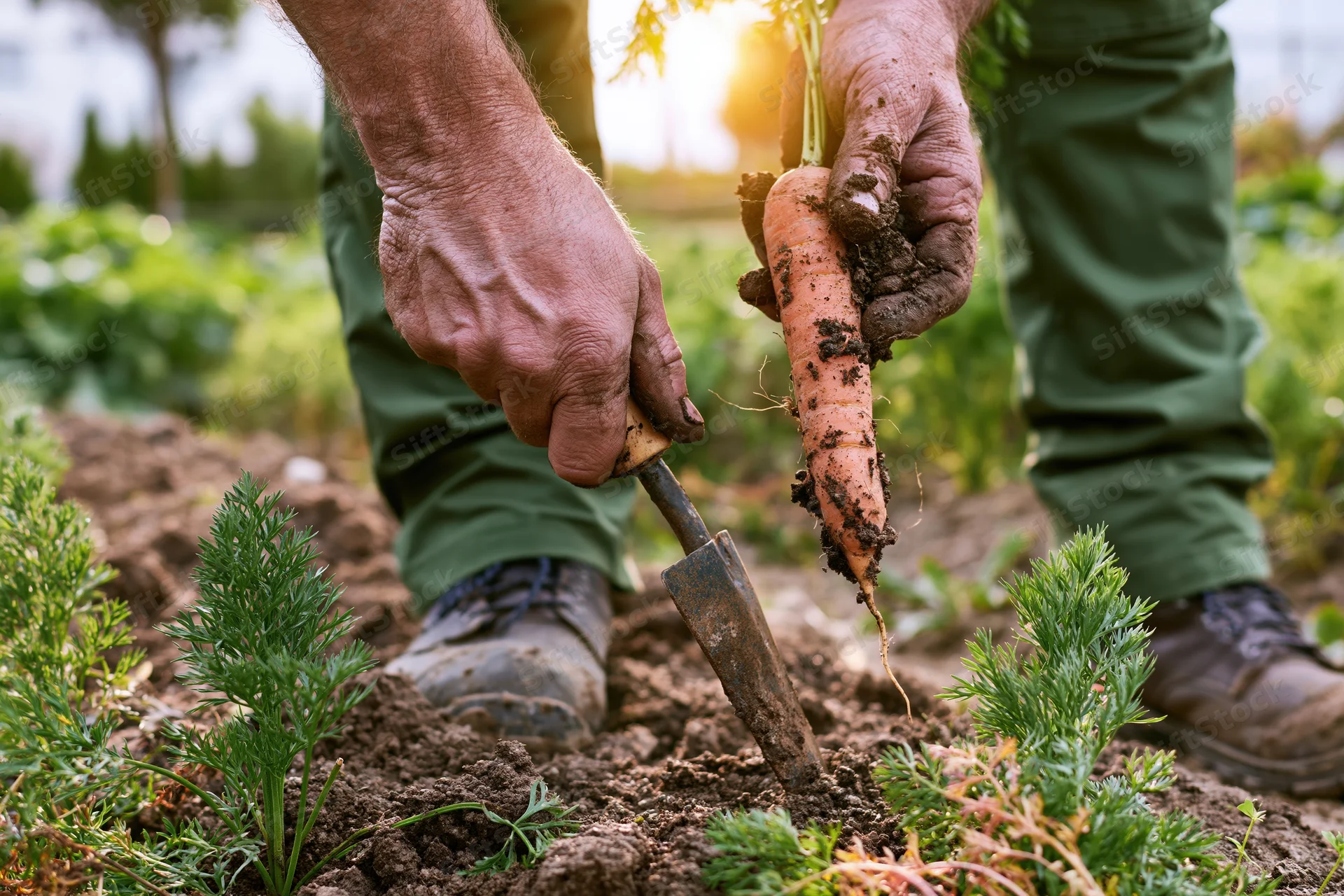 Farmer harvesting carrot with trowel in garden soil