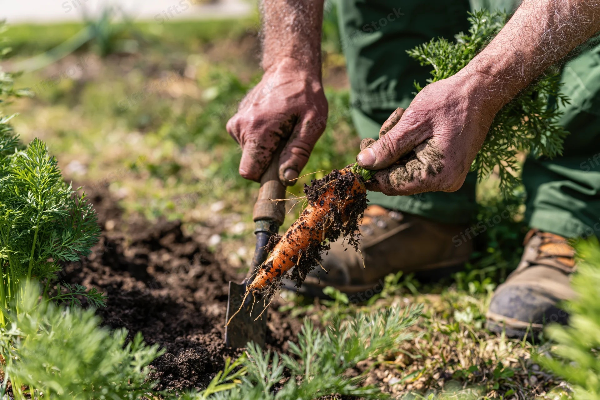 Man pulling a carrot from the soil in a garden with a trowel