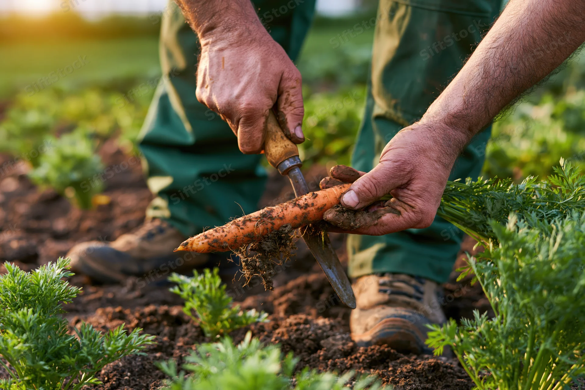 Farmer harvesting a carrot with a trowel in a garden field
