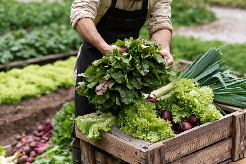 Gardener holding fresh leafy vegetables over a wooden crate in a garden
