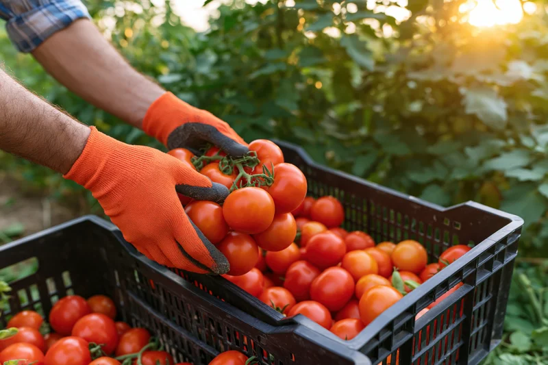 Farmer placing freshly harvested tomatoes into a crate in a sunlit garden
