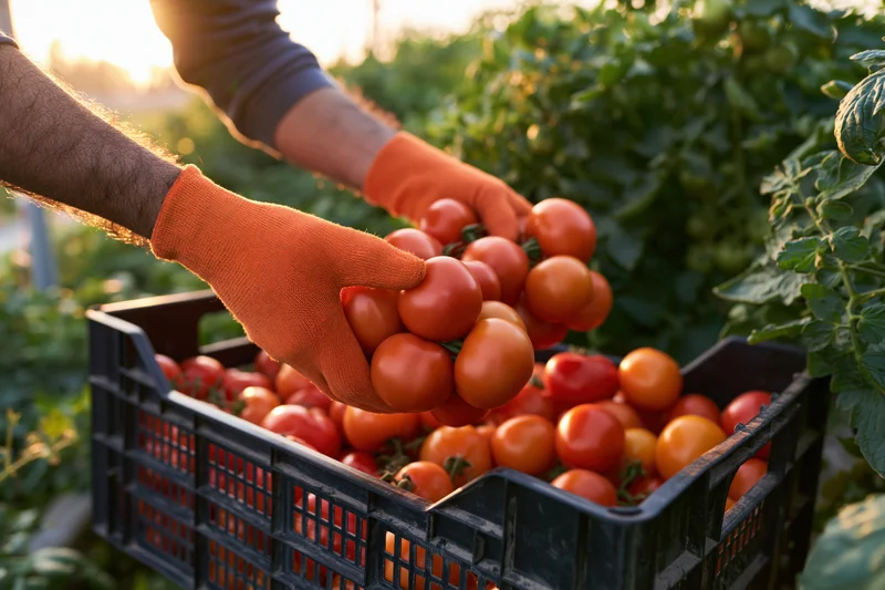 Farmer harvesting ripe tomatoes into a black crate in a sunlit garden