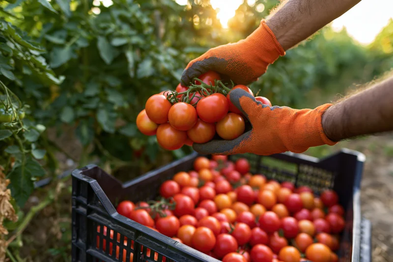Farmer harvesting ripe tomatoes on vine into black crate in field