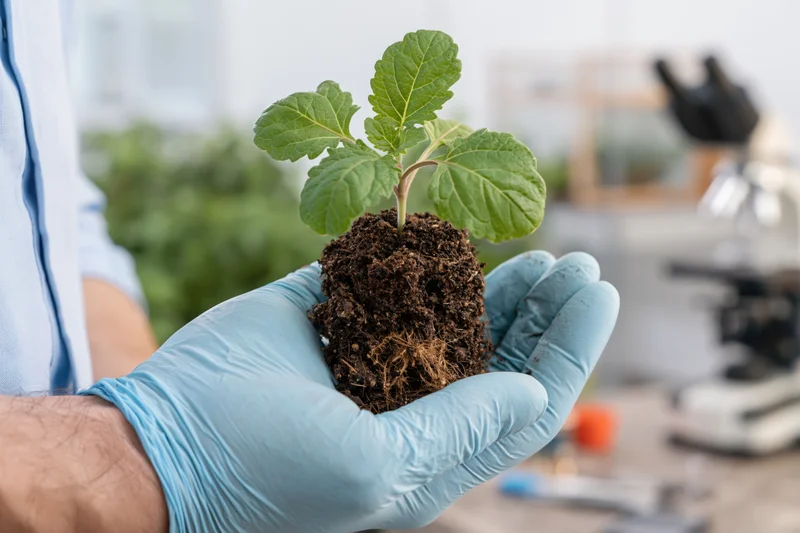 Scientist holding a small plant seedling with soil in a lab setting
