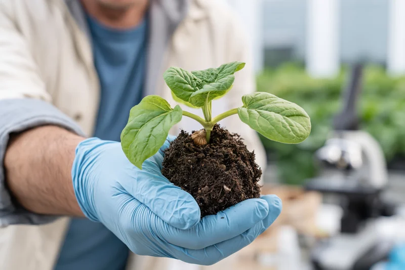 Scientist holding a small green seedling in soil with gloves in a lab setting