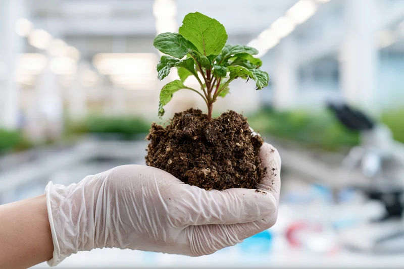 Gloved hand holding a small green seedling with soil in a laboratory setting