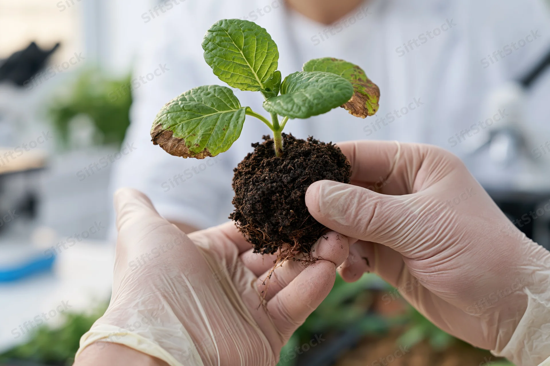 Scientist holding a small plant with soil and roots in gloved hands in a lab setting